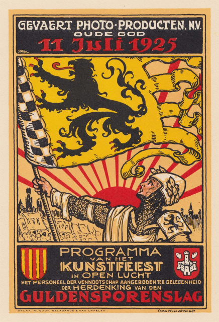 De Vlaamsgezinde Lieven Gevaert trakteerde zijn personeel jaarlijks op een evenement ter herdenking van de Guldensporenslag. Brochure, 1925. (ADVN)