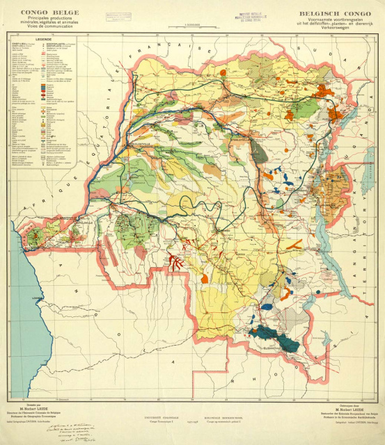 Economische kaart van Belgisch-Congo, met de ‘voornaamste voortbrengselen uit het delfstoffen-, planten- en dierenrijk’, 1937. (Algemeen Rijksarchief)