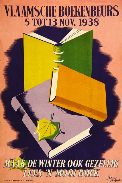 Affiche ter promotie van de Vlaamsche Boekenbeurs in Antwerpen, 1938. Ontwerp Martha van Coppenolle. (Collectie Stad Antwerpen, Letterenhuis, tglhps8520)