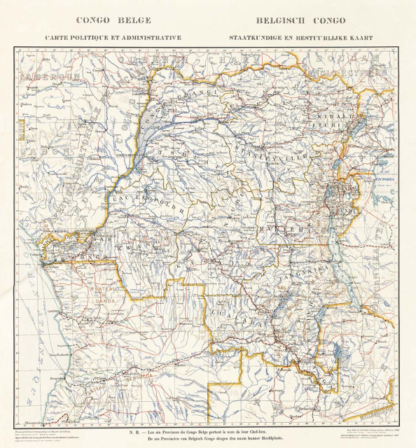Staatkundige en bestuurlijke kaart van Belgisch-Congo, 1940. (Université de Liège)