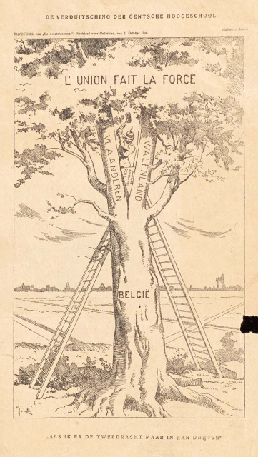 Spotprent van een Duitse soldaat die door middel van de Flamenpolitik een wig drijft tussen Vlaanderen en het ‘Walenland’ en zo België ernstig bedreigt. (ADVN, VPA1606/9)
