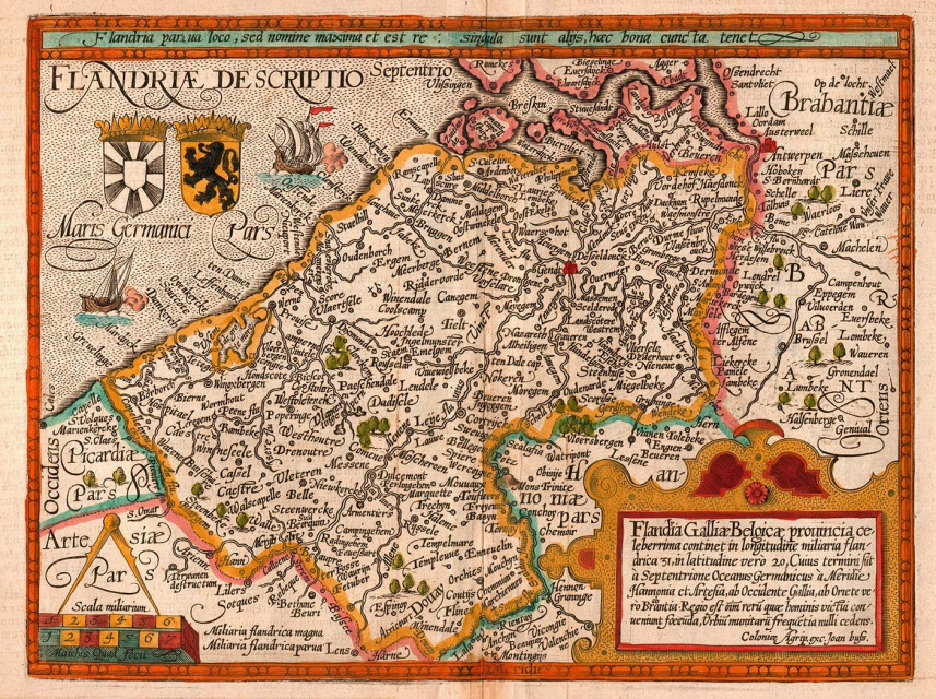 Kaart van het graafschap Vlaanderen (1609) door Matthias Quad en Johannes Bussemacher. Het graafschap viel grotendeels samen met het huidige Belgische provincies Oost- en West-Vlaanderen, met het Nederlandse Zeeuws-Vlaanderen, en met grote delen van de huidige Franse departementen Département du Nord en Pas-de-Calais. (Wikimedia Commons)