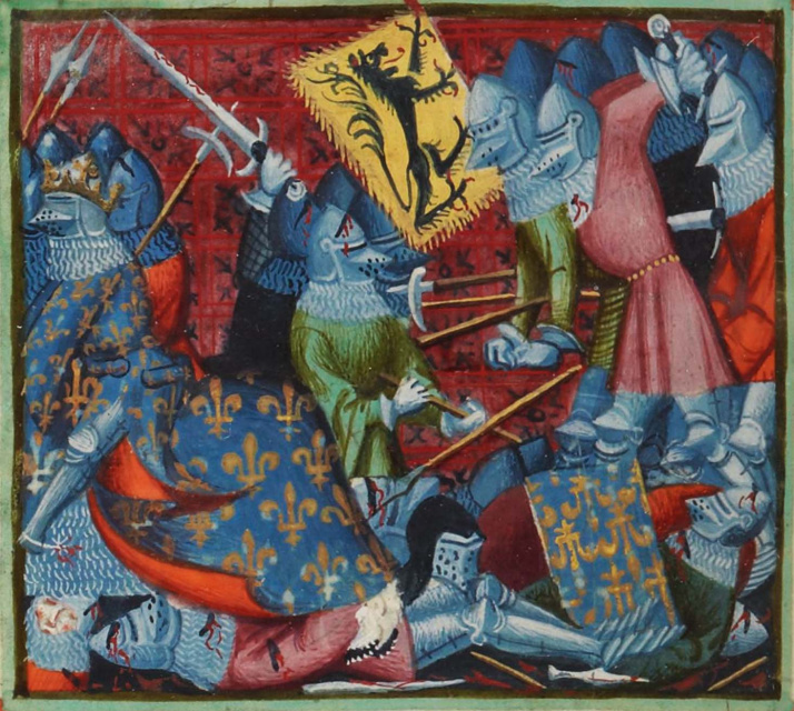 Vlaamse voetsoldaten jagen het Franse leger op de vlucht. Miniatuur uit de Grandes Chroniques de France, ca. 1390-1401. (Bibliothèque nationale de France)