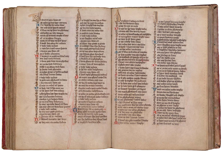 Strofische gedichten van de mystica Hadewijch, midden 14de eeuw. (Universiteitsbibliotheek Gent)