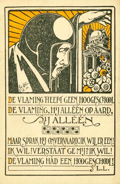 Het universitair onderwijs in Vlaanderen was lange tijd uitsluitend Franstalig. Prent van Jos Speybrouck met de oproep tot oprichting van een Nederlandstalige universiteit, 1920. (ADVN, VPR890)