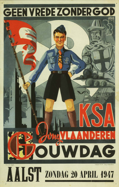 Affiche ter promotie van de gouwdag 'Geen vrede zonder God' van de KSA-Jong Vlaanderen, Aalst, 20 april 1947. Ontwerp Paul Voet, 1947. (KADOC, kca003938)