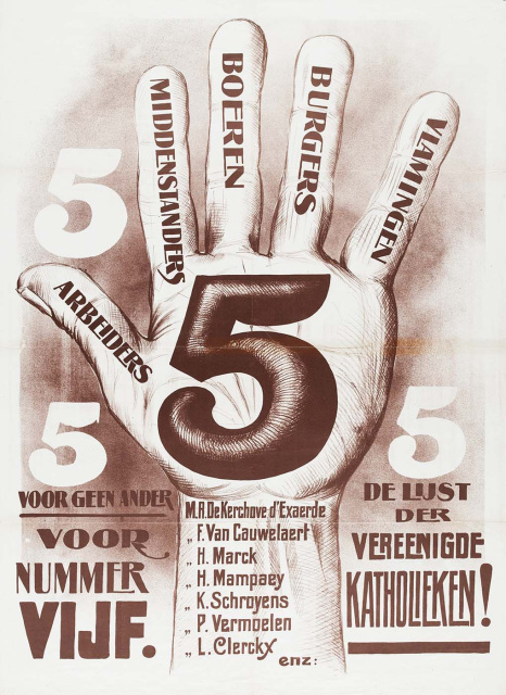 Affiche van de Katholieke partij in Antwerpen voor de parlementsverkiezingen van 1921. Opmerkelijk is dat Vlamingen hier als een aparte stand werden weergegeven, naast arbeiders, middenstanders, boeren en burgers. (KADOC, kcc000569)
