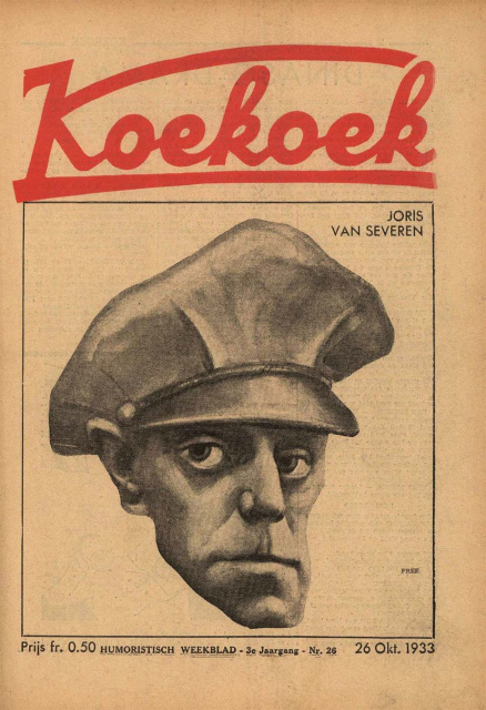 Karikatuur van Joris van Severen op de omslag van het satirische weekblad Koekoek, jg. 3, nr. 26, 26 oktober 1933. Tekening van Frits van den Berghe. (Amsab-ISG)