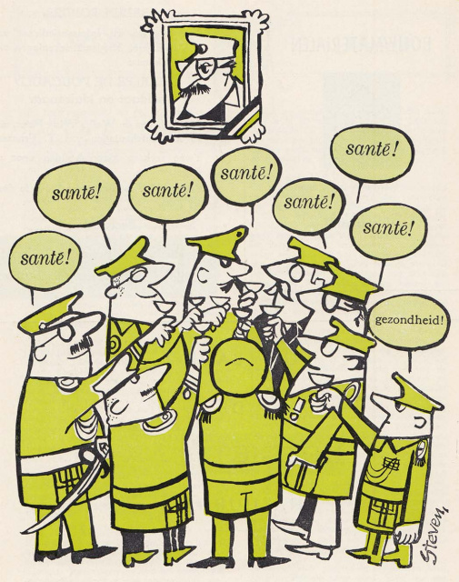 Cartoonist Steven (Stefan Laurens Wilsens) stak in het Davidsfonds-blad De Belleman (1962, jr. 31, nr. 2.) de draak met de taalverhoudingen in de hoogste rangen van het Belgische leger. (ADVN, VY134)