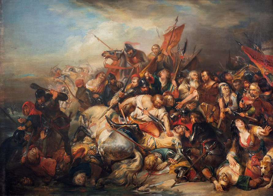 De Slag der Gulden Sporen (1836) van Nicaise de Keyser (Stedelijke musea Kortrijk). De mythevorming rond het middeleeuwse graafschap Vlaanderen vormde aanvankelijk een belangrijk onderdeel van het Belgisch nationaal-historisch bewustzijn. Tegen 1900 was ze echter uitgegroeid tot hét historische fundament van de Vlaamse ‘verbeelde gemeenschap’.