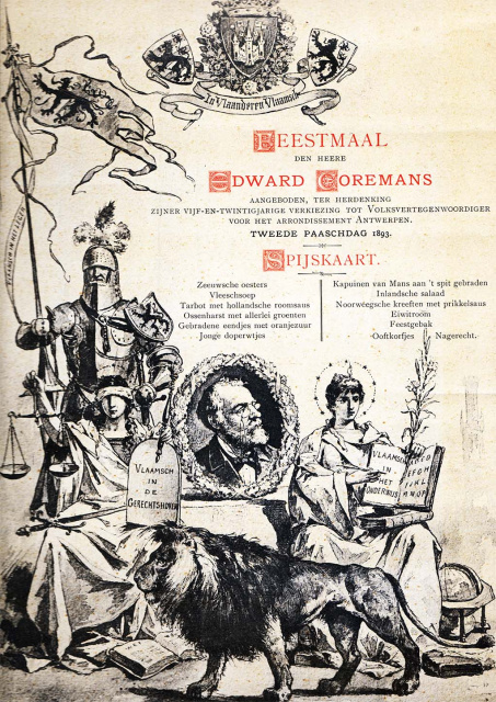 In 1893 werd Edward Coremans gevierd wegens zijn 25 jaar dienst als volksvertegenwoordiger. Bij deze gelegenheid werden zijn belangrijkste wetgevende verwezenlijking weer onder de aandacht gebracht, waaronder: ‘Vlaamsch in het onderwijs’. (Collectie Stad Antwerpen, Letterenhuis)