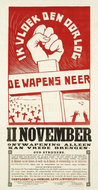 “Vervloekt zij de oorlog, leve de wereldvrede!” Affiche met pacifistische boodschap van het Verbond der Vlaamse Oud-Strijders (VOS), s.d. (ADVN, VAFCS8)