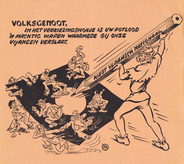 In een VNV-verkiezingsbrochure uit 1939 werd afgerekend met onder meer Franskiljons, socialisten, communisten en liberalen. Ook 'hetsers' en immigranten moesten het ontgelden, hier voorgesteld als Joodse karikaturen. (ADVN, VBRC355)