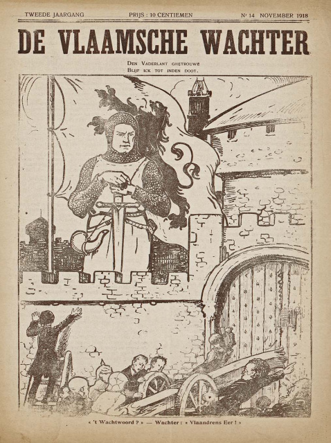 Op de voorpagina van het passivistische sluikblad De Vlaamsche Wachter (14 november 1918) werden de activisten voorgesteld als de helpers van het Duitse leger die samen vruchteloos probeerden de Vlaamse burcht in te nemen. (Erfgoedbibliotheek Hendrik Conscience)