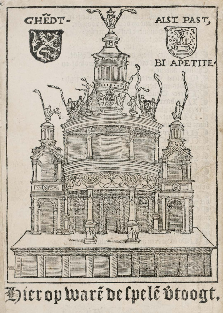 De rederijkerskamer De Fonteine werd op 9 december 1448 officieel door het Gentse stadsbestuur erkend en is daarmee een van de oudste rederijkerskamers in Vlaanderen en Nederland. Deze prent toont het podium waarop tussen 12 en 23 juni 1539 negentien allegorische spelen werden opgevoerd tijdens het grootse rederijkersfeest in Gent, alsook het advies van De Fonteine (Alst past, bi apetite). (Universiteitsbibliotheek Gent)