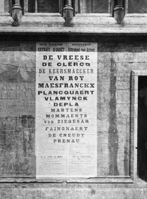 Aanplakbiljet met het arrest van het hof van assisen, waarbij verschillende kopstukken van het activisme ter dood werden veroordeeld, ca. 1920. (Collectie Stad Antwerpen, Letterenhuis, tglhph4422)