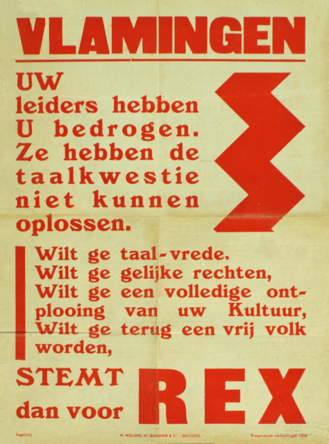 Affiche 'Vlamingen, uw leiders hebben u bedrogen' van Rex voor de wetgevende verkiezingen van 1936. (Collectie Stad Antwerpen, Letterenhuis, tglhps17913)