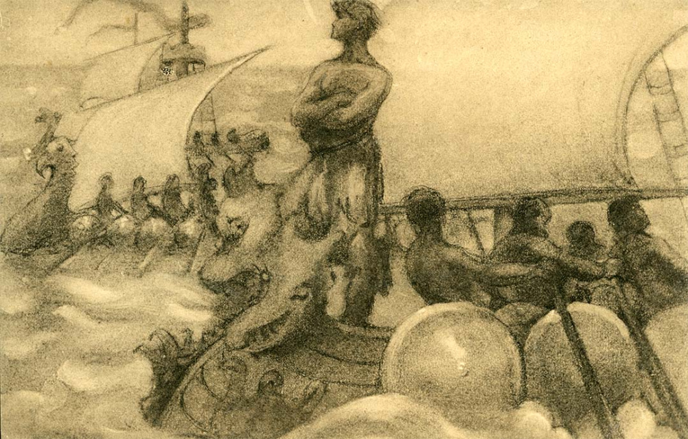 Sigurd aan het hoofd van zijn vloot, in Albrecht Rodenbachs Gudrun. Rodenbach werkte oude Noord-Germaanse sages om tot een allegorisch drama en speelde zo een belangrijke rol in de popularisering van Noordse figuren en symbolieken in Vlaamse beweging. Tekening van Joe English, s.d. (ADVN, VPRY26/1)