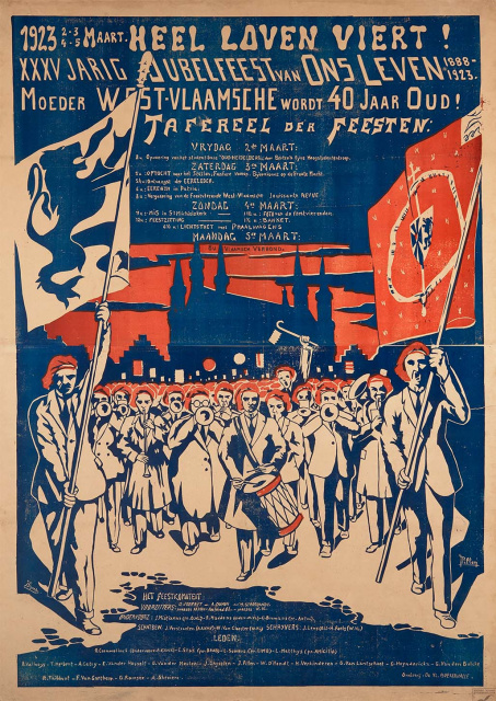 Affiche ter gelegenheid van de feesten voor het 35-jarige bestaan van Ons Leven en het 40-jarige bestaan van de Westvlaamsche Gilde, 1923. (Universiteitsarchief KU Leuven, AMVS)