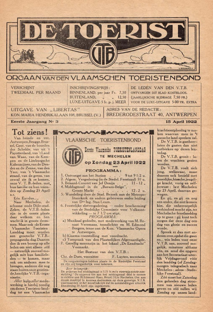 Omslag van De Toerist, jg. 1, 15 april 1922, nr. 3. (ADVN, VY90)