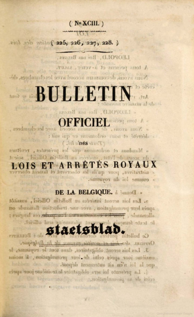 Voorpagina van het tweetalige Bulletin officiel des lois et arr&amp;ecirc;t&amp;eacute;s royaux de la Belgique, 1831. (Koninklijke Bibliotheek van Belgi&amp;euml;)