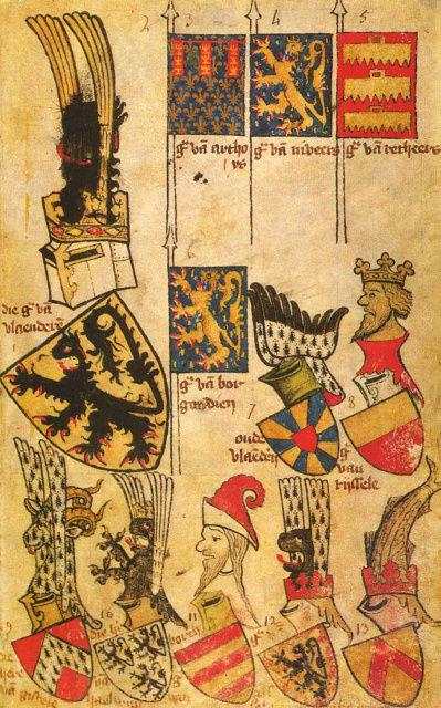 Het wapen van de graaf van Vlaanderen in het door Claes Heynensoon opgestelde Wapenboek Gerle, 1395-1402. (Wikimedia Commons)