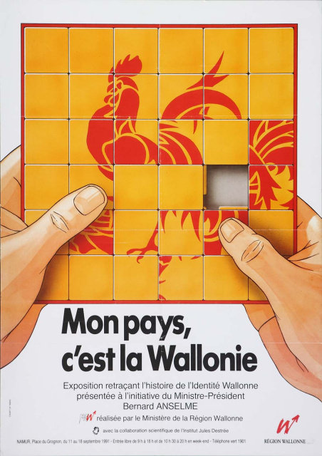 Affiche ter promotie van een tentoonstelling over de geschiedenis van de Waalse identiteit, een initiatief van Bernard Anselme, minister-president van Wallonië, 1991. (ADVN, VAFB142)