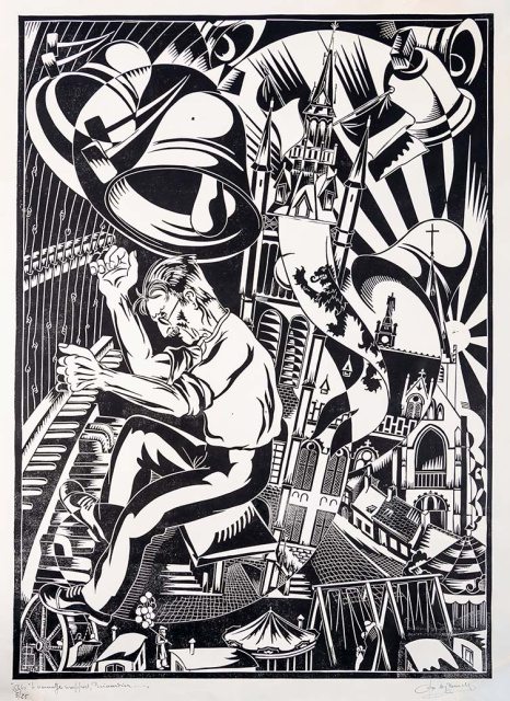 Als 't vaantje wappert, beiaardier, linosnede van Jozef de Beule, 1942. Dit werk werd aan Alfons Rolliers aangeboden bij zijn afscheid als stadsbeiaardier van Sint-Niklaas. (Stedelijke Musea Sint-Niklaas)