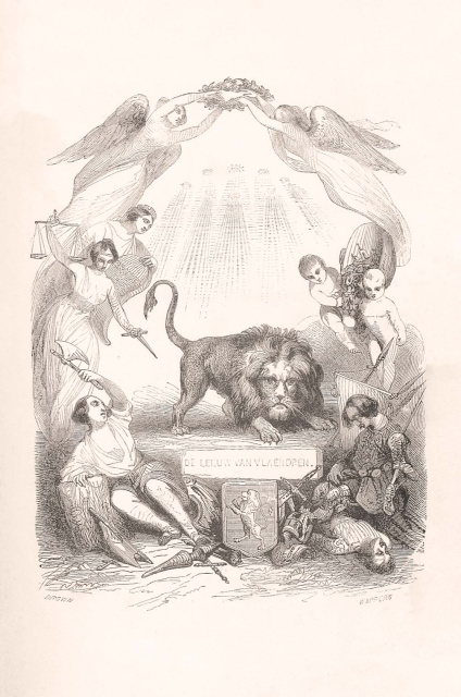 Illustratie door Gustaaf Wappers bij de titelpagina van de eerste editie van Hendrik Consciences De Leeuw van Vlaenderen, 1838. (Erfgoedbibliotheek Hendrik Conscience)