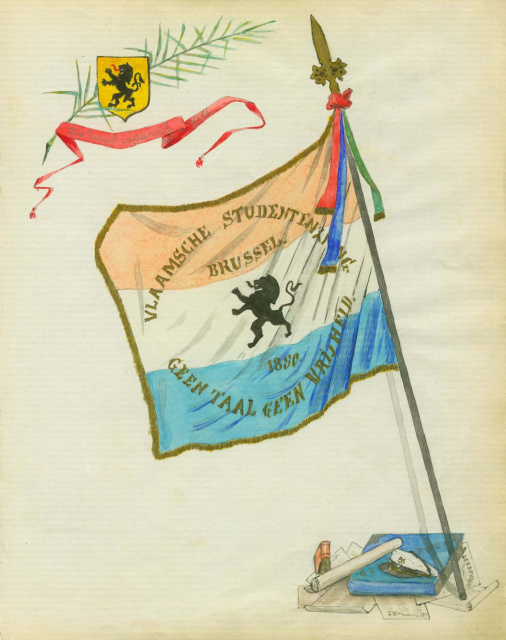 Illustratie in het Guldenboek van de Vlaamse studentenkring Geen Taal Geen Vrijheid, 1880. (Centrum voor Academische en Vrijzinnige Archieven)