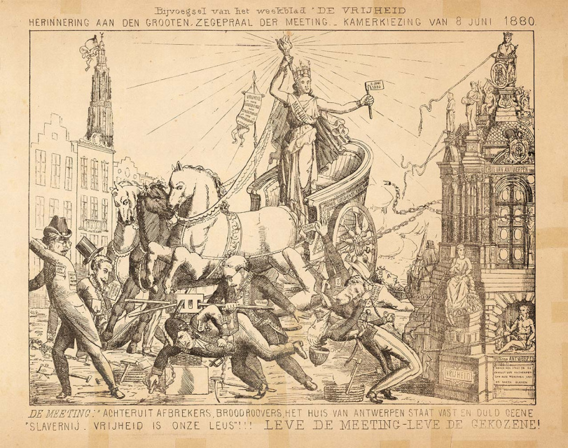 Affiche van De Meeting naar aanleiding van de parlementsverkiezingen van 1880. (Collectie Stad Antwerpen, Letterenhuis, tglhps9965)