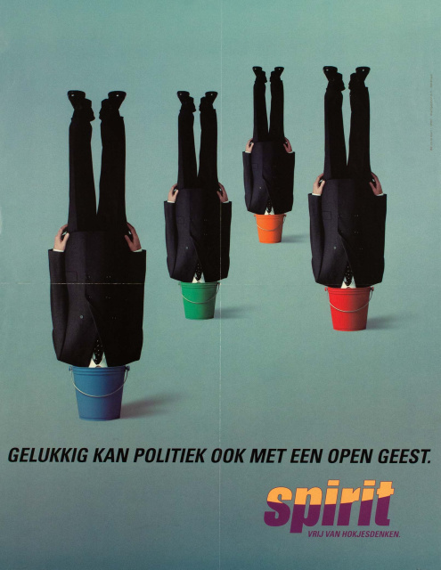 Spirit presenteerde zich als een jonge en dynamische partij die, in tegenstelling tot de traditionele 'kleur'-partijen, niet aan hokjesdenken deed. Affiche uit 2002. (ADVN, VAFA2257)