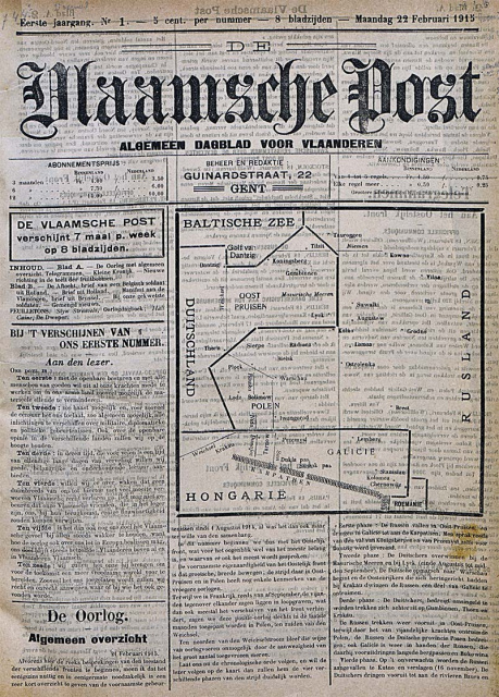Het eerste nummer van De Vlaamsche Post, 22 februari 1915. Dit blad werd uitgegeven in Gent door de activisten rond Jong Vlaanderen.