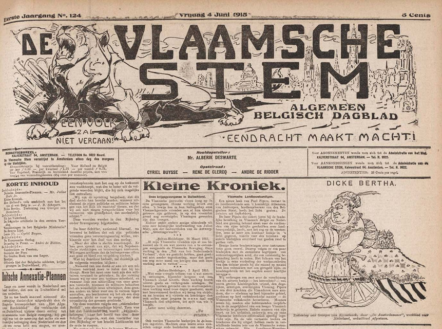 Voorpagina van De Vlaamsche Stem, jg. 1, 1915, nr. 124. (Erfgoedbibliotheek Hendrik Conscience)