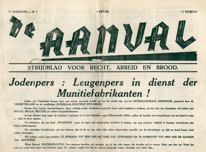 Voorpagina van De Aanval, jg. 1, 15 mei 1939, nr. 3. (ADVN, VY9000009)