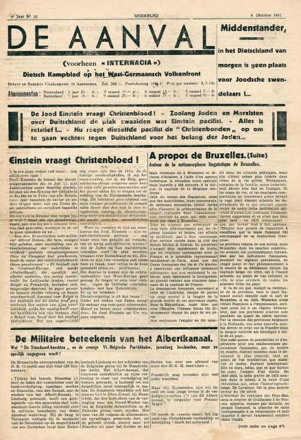 Voorpagina van De Aanval, jg. 4, 8 oktober 1933, br. 20. (ADVN, VY9000001010)