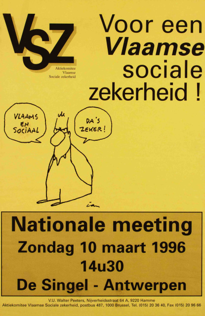 Affiche ter promotie van de nationale meeting van het Aktiekomitee Vlaamse Sociale Zekerheid, 1996. (ADVN, VAFA2239)