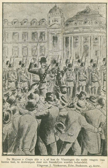 Tekening van het incident tussen majoor Edward Albrecht en Jozef Grote te Antwerpen op 13 juni 1909. Prentkaart. (ADVN, VPR1513)