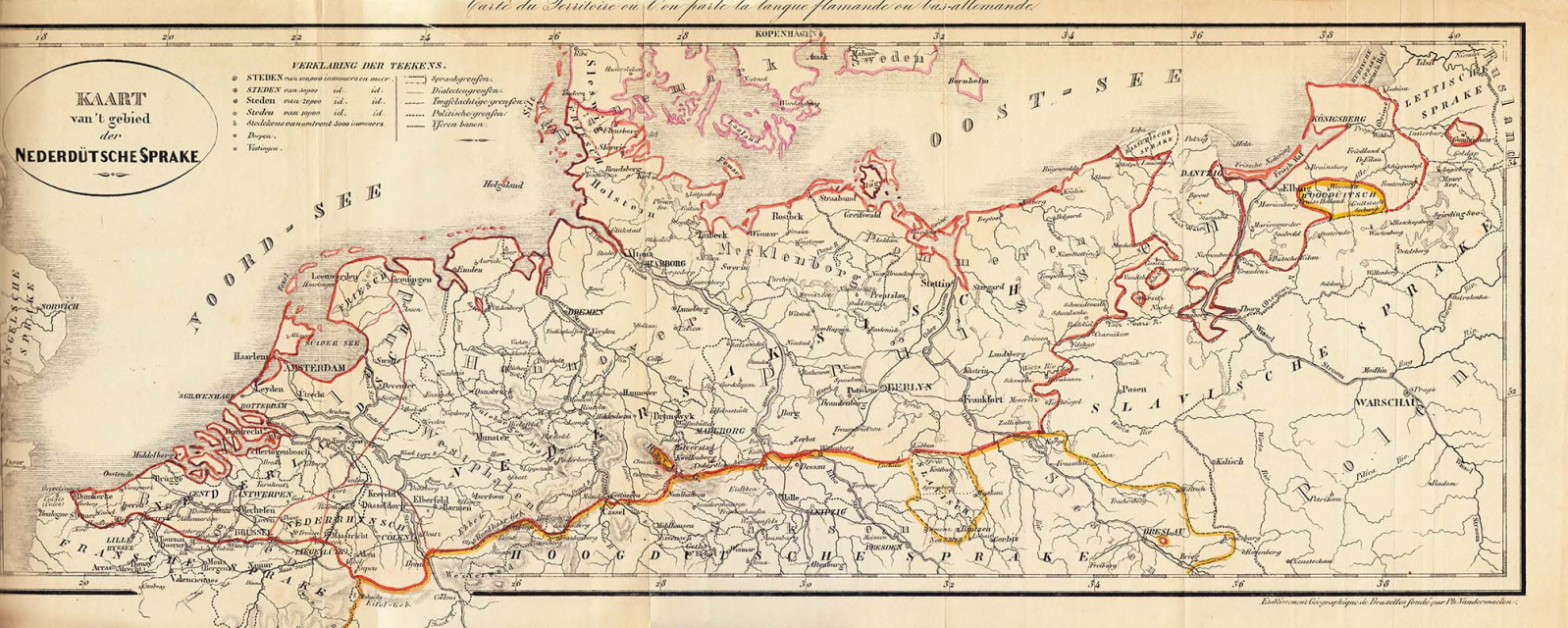 Kaart van het 'Nederdütsche' spraakgebied, gepubliceerd in: Hubert Vandenhoven, La langue flamande: son passé et son avenir. Projet d’une ortographe commune aux peuples des Pays-Bas et de la Basse-Allemagne, 1844. (ADVN, VB5089)