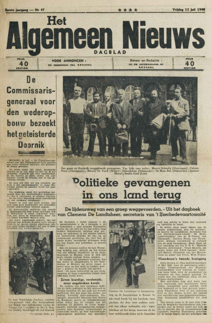 Voorpagina van Het Algemeen Nieuws, jg. 1, 1940, nr. 55. (Stadsarchief Aalst)