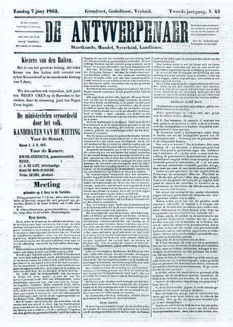 Voorpagina van Den Antwerpenaer, 7 juni 1863. (ADVN, VFB723)
 