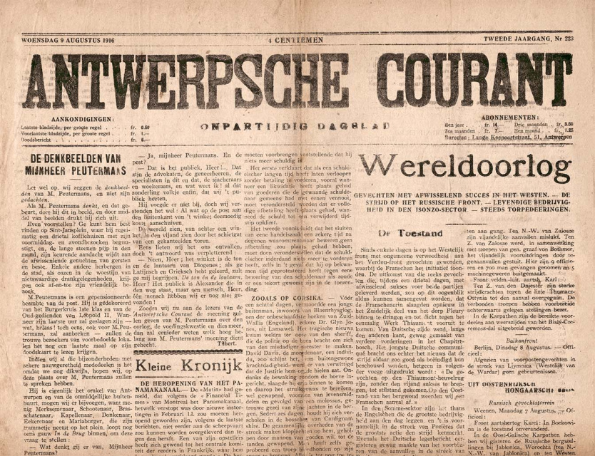 Voorpagina van Antwerpsche Courant, jg. 2, 9 augustus 1916, nr. 223. (ADVN, VY90000038)
