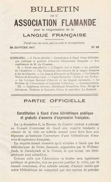 Aankondiging van de oprichting van een publieke Franstalige bibliotheek door de Association flamande pour la Vulgarisation de la Langue française, 28 januari 1907. (ADVN, VY1070)
