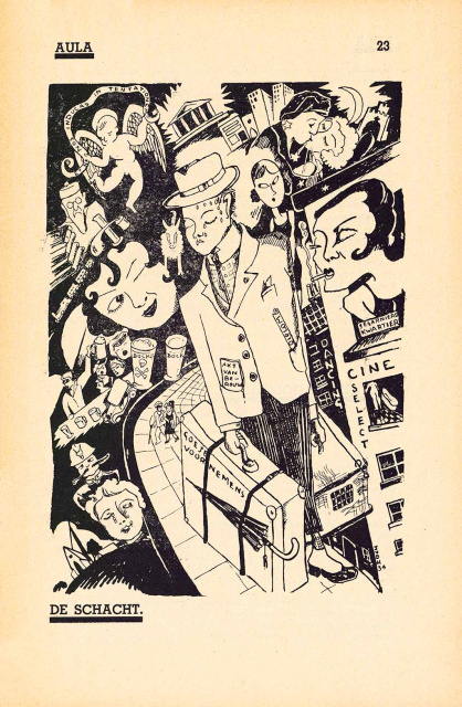 Tekening in het studentenblad Aula verwijzend naar de verleidingen van het studentenleven, oktober 1934. (Universiteitsbibliotheek Gent)