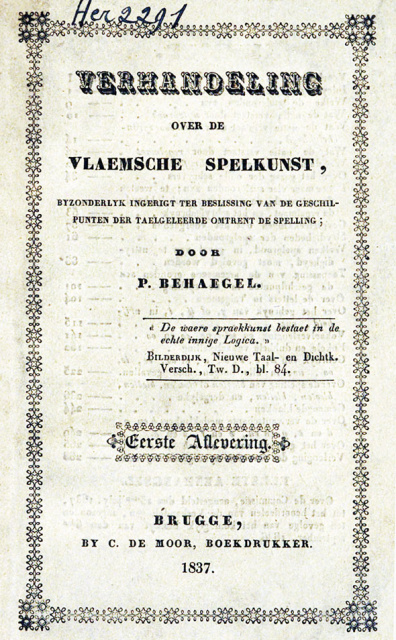 Omslag van Pieter Behaegel, Verhandeling over de Vlaemsche spelkunst, 1837. (Collectie Stad Antwerpen, Letterenhuis)