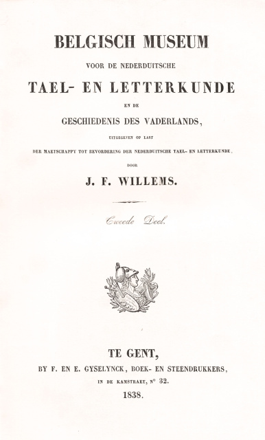 Omslag van het Belgisch Museum voor de Nederduitsche Tael- en Letterkunde en de Geschiedenis des Vaderlands, 1838. (ADVN, VB10304)