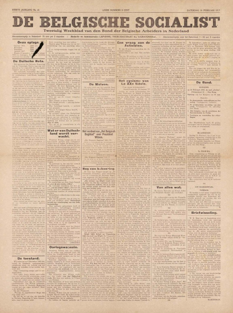 Voorpagina van de krant De Belgische Socialist, jg. 1, 10 februari 1917, nr. 21. (KADOC)