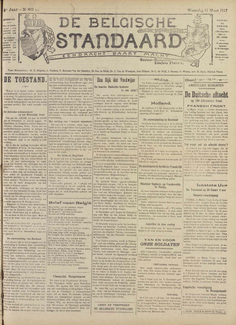 Voorpagina van de krant De Belgische Standaard, 21 maart 1917. (Universiteitsbibliotheek Gent)