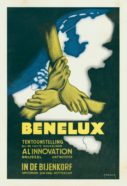 Onder meer via diverse tentoonstellingen werd getracht om het intergouvernementele samenwerkingsverband Benelux uit te leggen aan het publiek. Affiche uit: Benelux, Officieel Orgaan van het Comité voor Belgisch-Nederlandsch-Luxemburgsche Samenwerking, 1848. (ADVN)