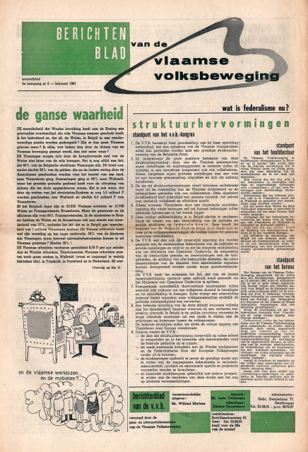 Voorpagina van Berichtenblad van de Vlaamse Volksbeweging, jg. 4, februari 1961, nr. 2. (ADVN, VY90006)